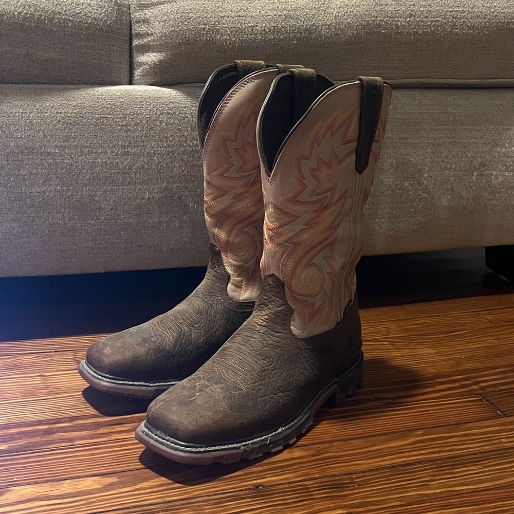 Rocky Brown Work Boots with Cream and Pink Accents